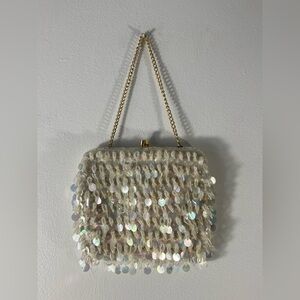Simpson’s Iridescent Beaded Clutch Purse Evening Bag Fish Scale Vintage Cream